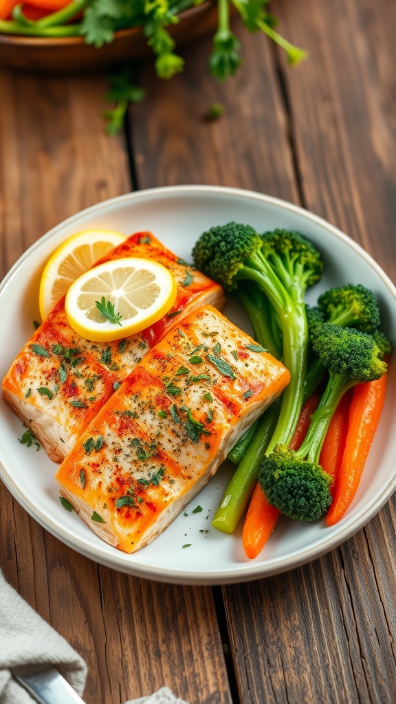 Garlic Herb Baked Salmon with Broccoli and Carrots Garlic herb baked salmon with broccoli and carrots on a rustic table.